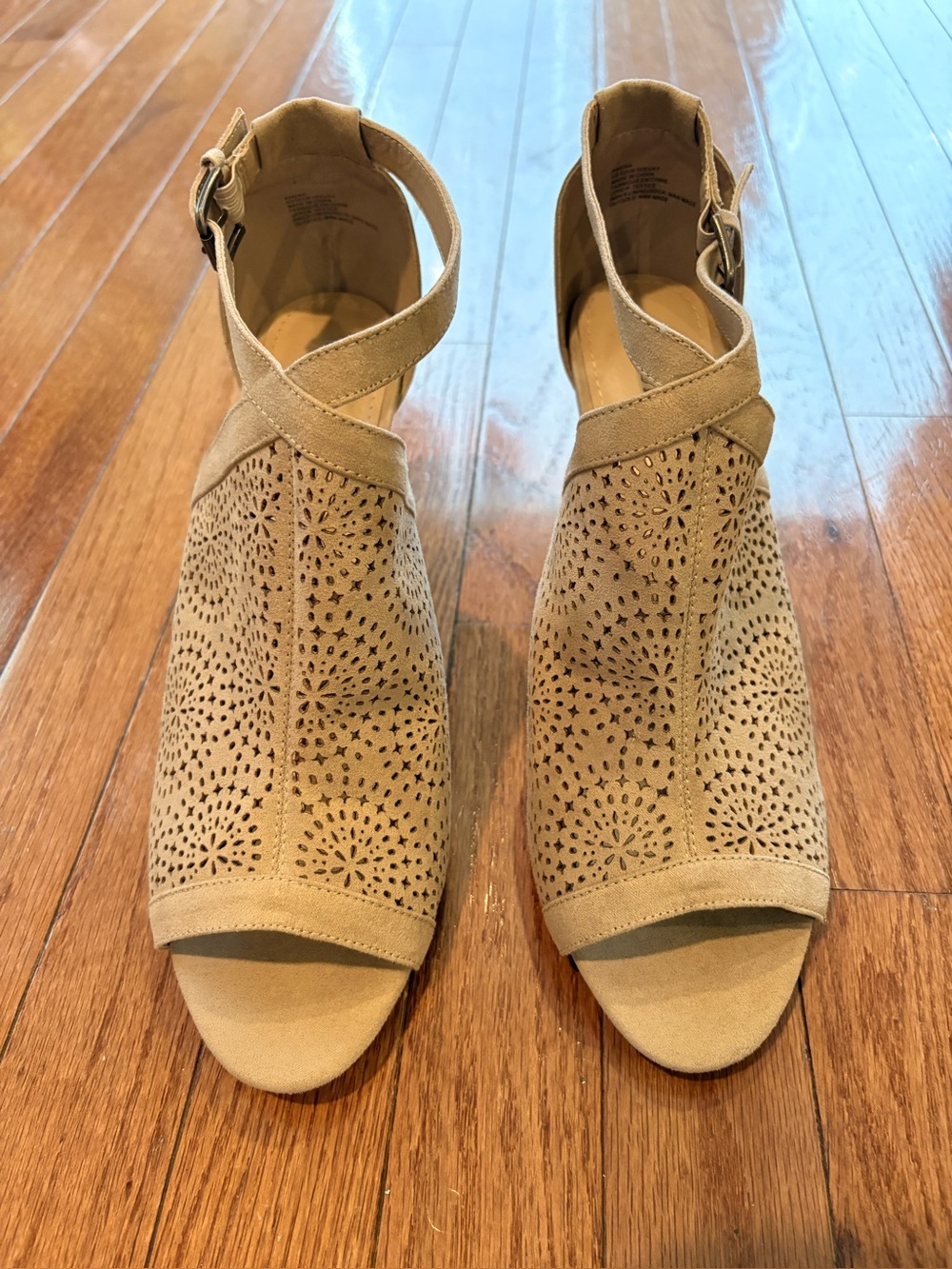 JustFab Tan Suede Laser-Cut Peep-Toe Ankle Strap Heels
